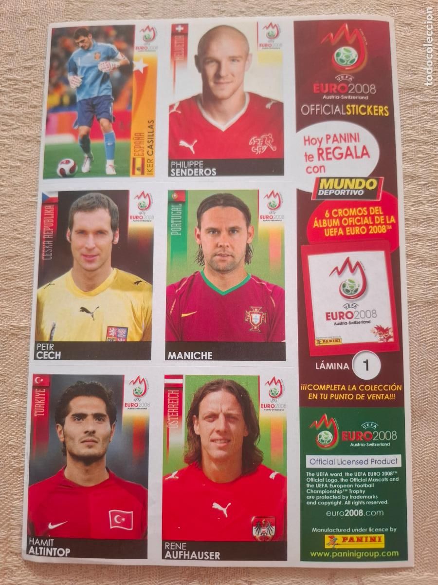 Fu&szlig;ball-Sticker: EURO 2008 AUSTRIA / SUIZA - PANINI - L&Aacute;MINA N&ordm; 1 CON 6 CROMOS ( CASILLAS ) - MUNDO DEPORTIVO