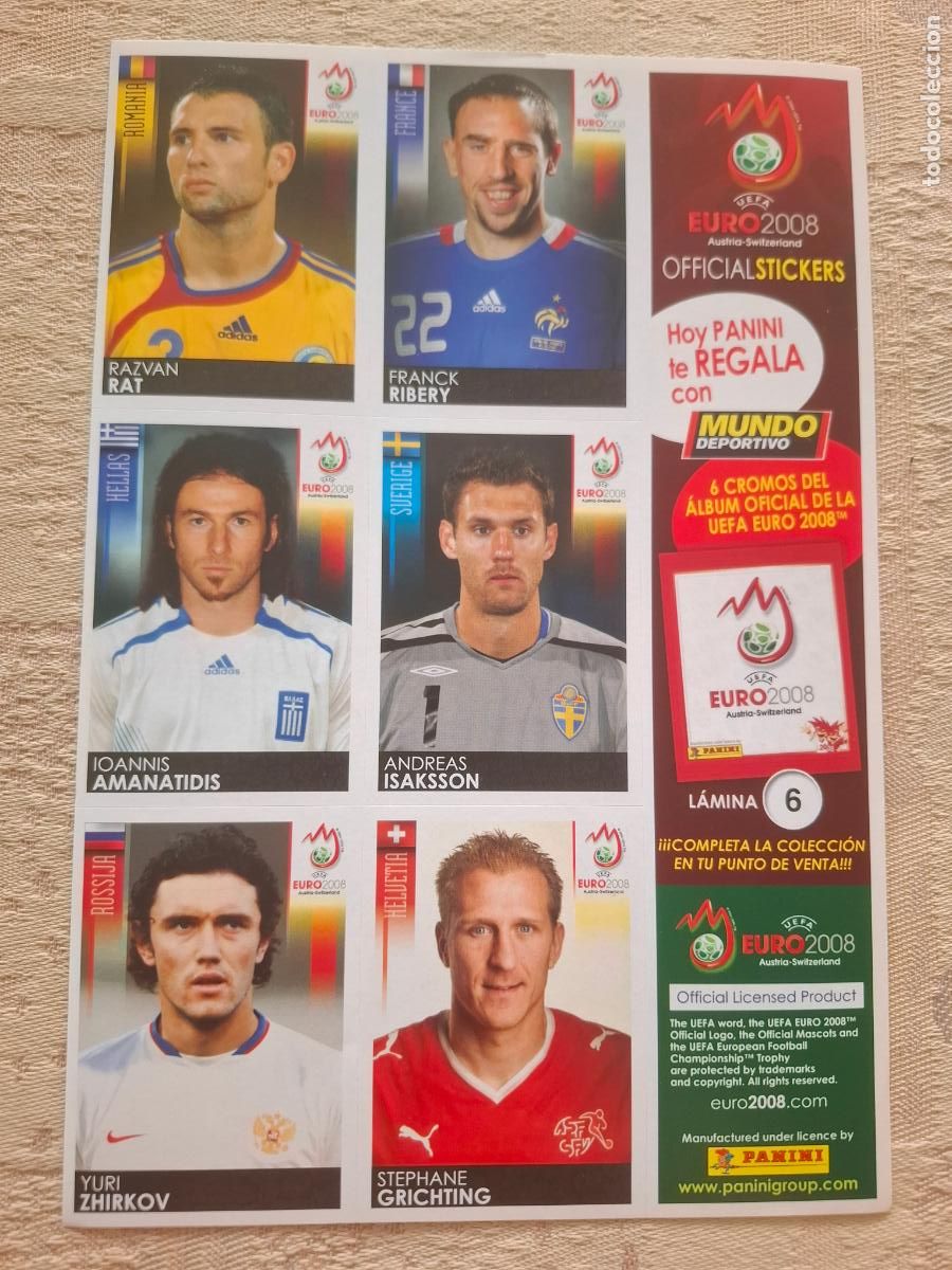 Cromos de f&uacute;tbol: EURO 2008 AUSTRIA / SUIZA - PANINI - L&Aacute;MINA N&ordm; 6 CON 6 CROMOS - MUNDO DEPORTIVO