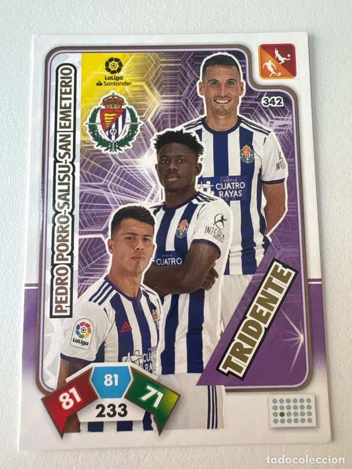 Fu&szlig;ball-Sticker: Carta Pedro Porro/Salusu/San Emeterio Tridente Valladolid 342 Adrenalyn 2019-20