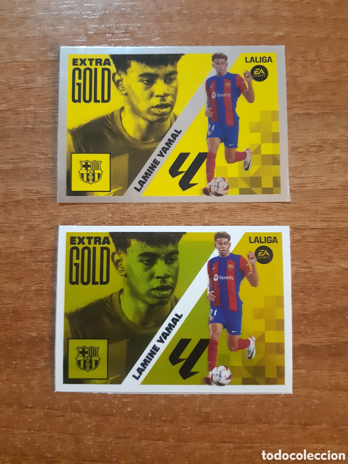 Cromos de f&uacute;tbol: LAMINE YAMAL BARCELONA EXTRA GOLD DOBLE VERSI&Oacute;N ROOKIE JUGON LIGA ESTE PANINI 2023 2024 23 24