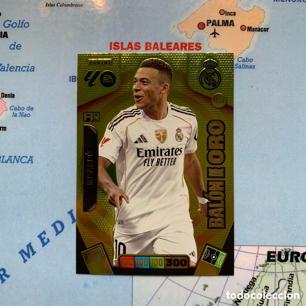 Cromos de f&uacute;tbol: Mbappe bal&oacute;n de oro n&uacute;mero 474 del Real Madrid cromo Adrenalyn XL 25-26 2025-2026