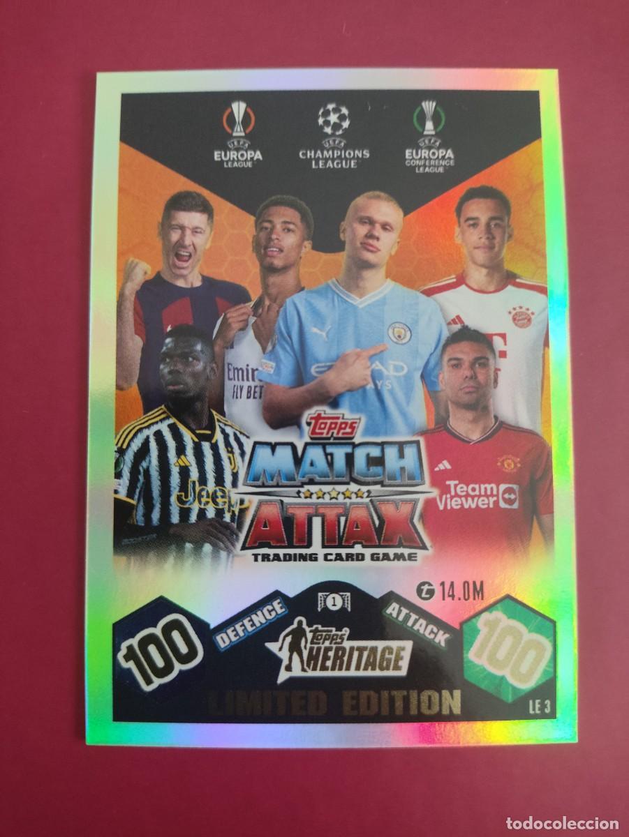 Cromos de f&uacute;tbol: LE3 TOPPS HERITAGE LIMITED EDITION TOPPS MATCH ATTAX 2023-24 LEWANDOWSKI BELINGHAM HAALAND MUSIALA