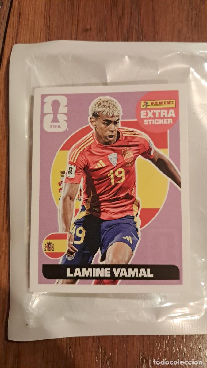 Cromos de f&uacute;tbol: &rdquo;LAMINE YAMAL ESPA&Ntilde;A MORADO EXTRA STICKER PANINI MUNDIAL 2026&rdquo;.