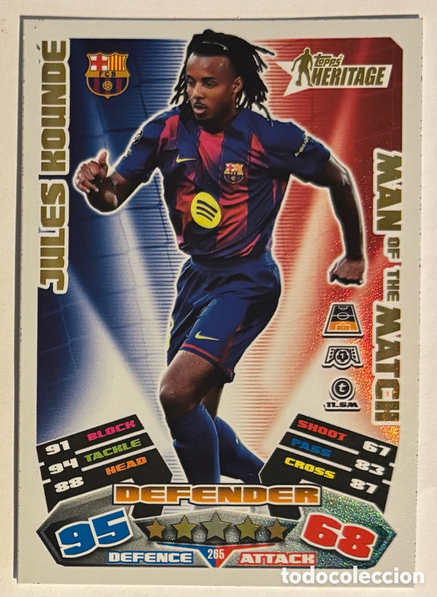 Cromos de f&uacute;tbol: JULES KOUND&Eacute; (FC BARCELONA). CARTA HERITAGE MAN OF THE MATCH TOPPS MATCH ATTAX 2025/26.