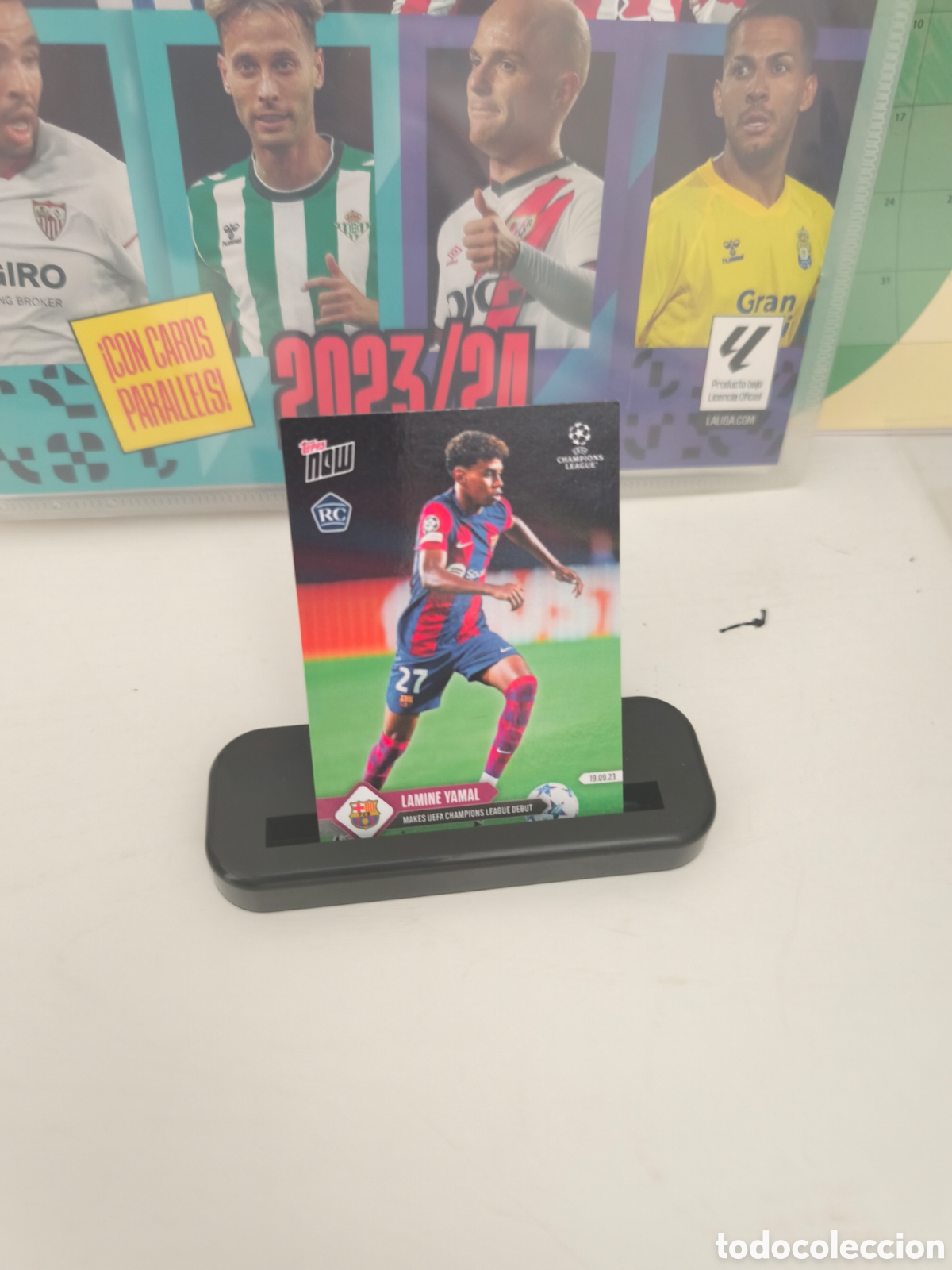 Cromos de f&uacute;tbol: Carta de Lamine Yamal, rookie, debut en Champions