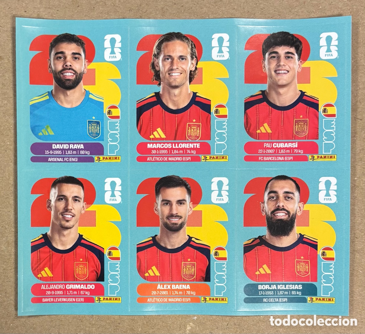 Cromos de f&uacute;tbol: 6 CROMOS IN&Eacute;DITOS ESPA&Ntilde;A MUNDIAL PANINI WORLD CUP 2026. RAYA, LLORENTE, CUBARS&Iacute;, GRIMALDO, BAENA,