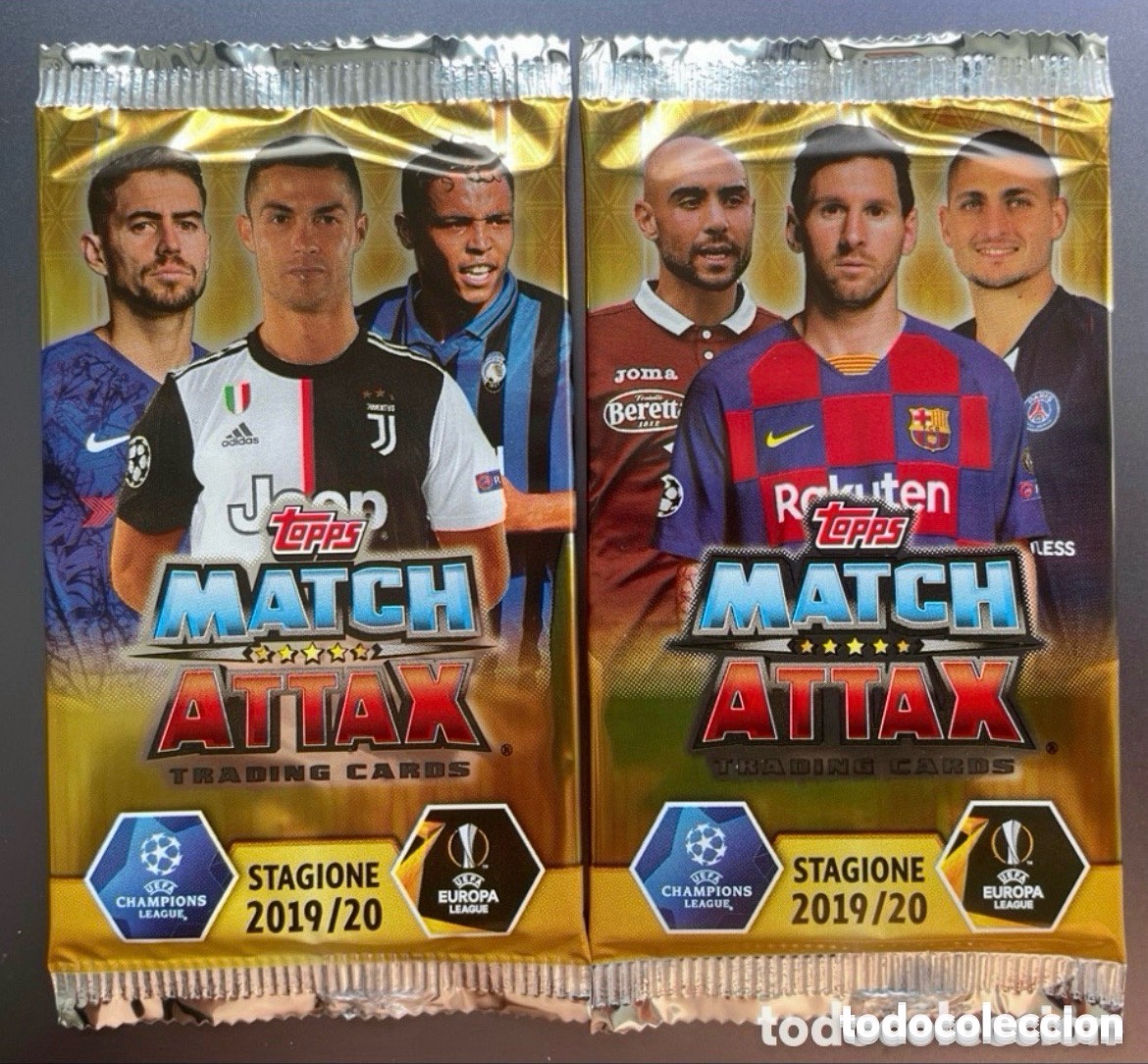 Football Stickers: Lote 2 sobres Messi Cristiano Ronaldo Match Attax 2019-20 Topps 6 cards / sobre