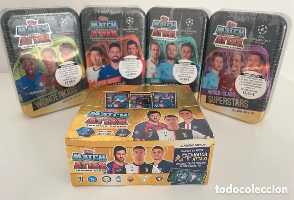 Football Stickers: Lote 4 latas + 1 caja Match Attax UCL 2019-20
