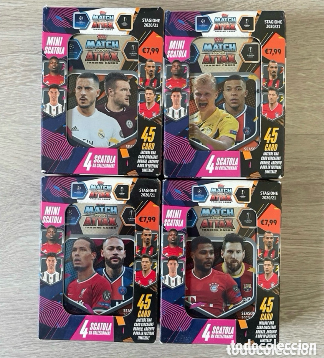 Football Stickers: Lote 4 latas Match Attax 2020-21 Topps Messi, Cristiano Ronaldo, Mbappe, Haaland, Neymar