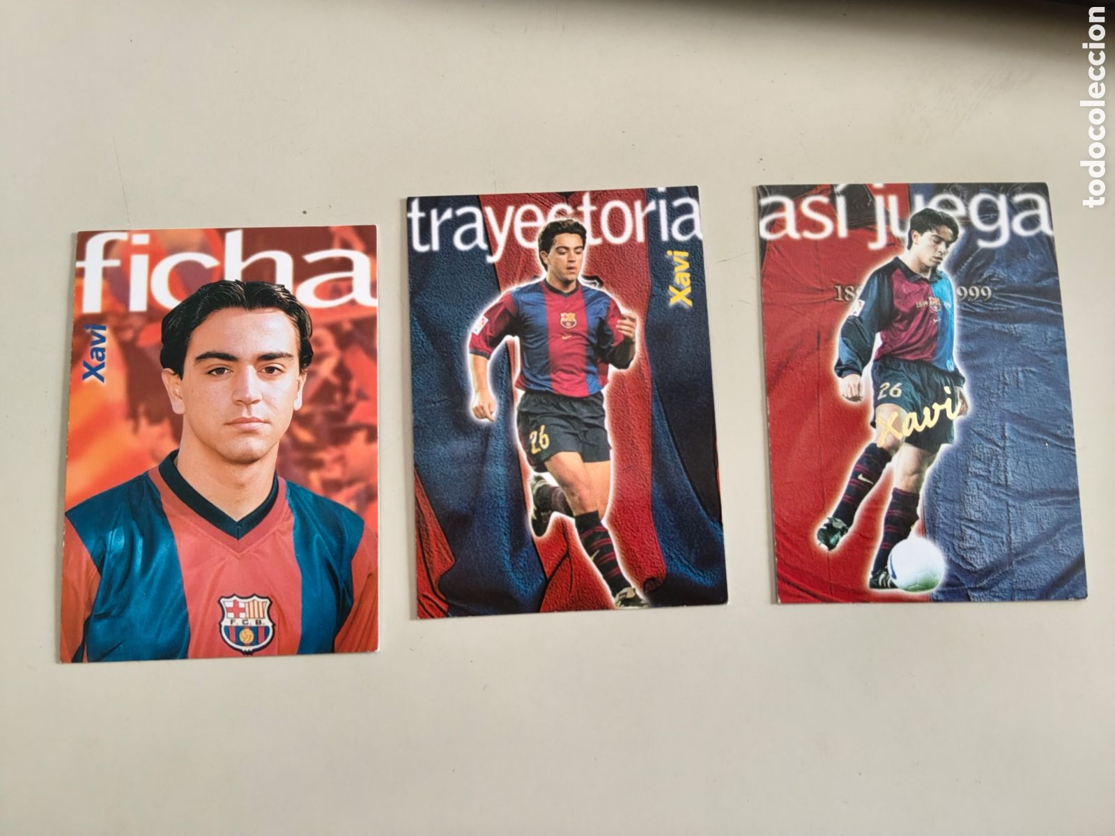 Fu&szlig;ball-Sticker: Lote d 3 trading cards futbol club Barcelona Panini 1999 centenario Xavi idolo trayectoria asi juega