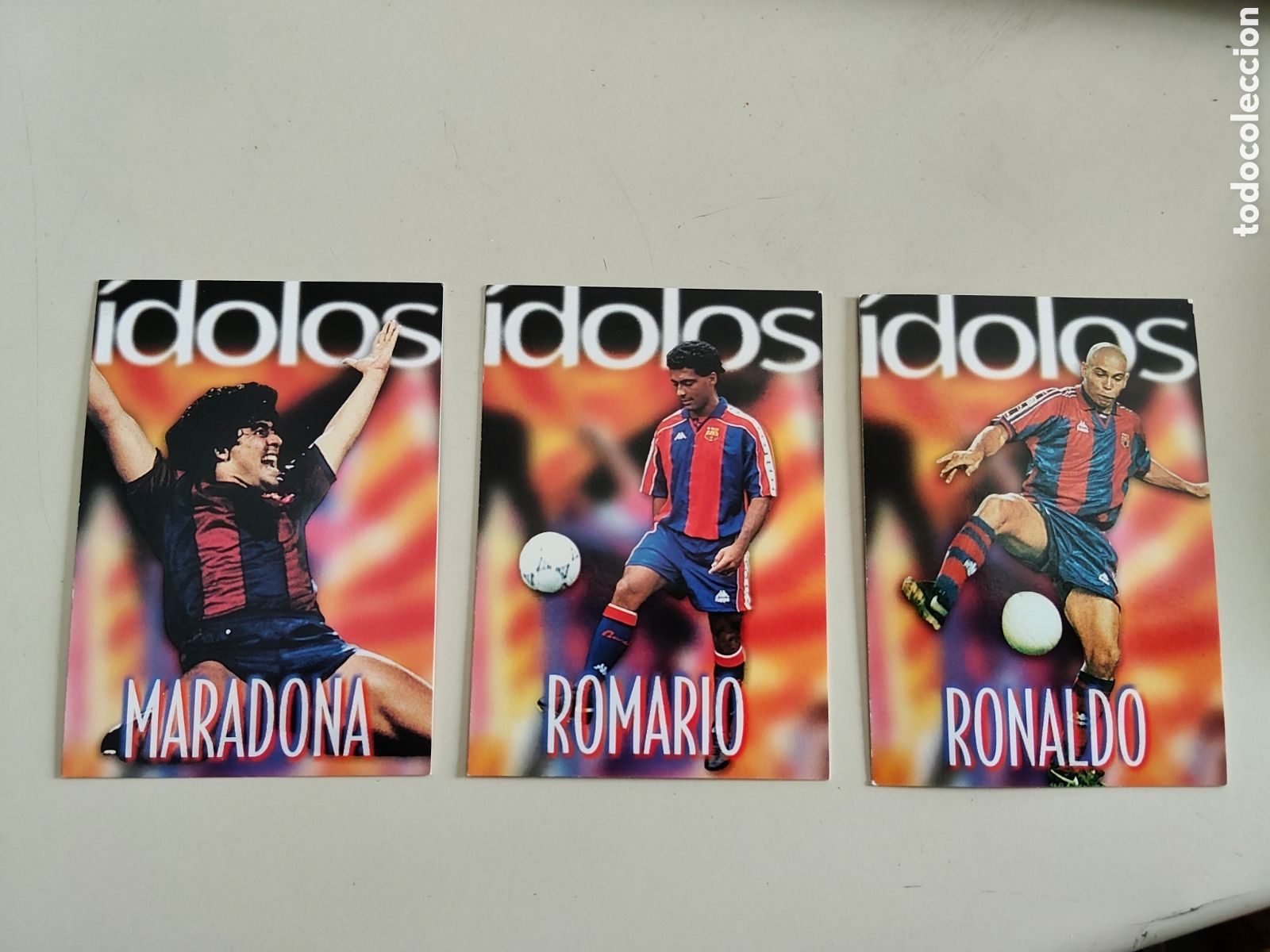 Fu&szlig;ball-Sticker: Lote d 3 trading cards futbol club Barcelona Panini 1999 centenario Maradona Romario Ronaldo idolos