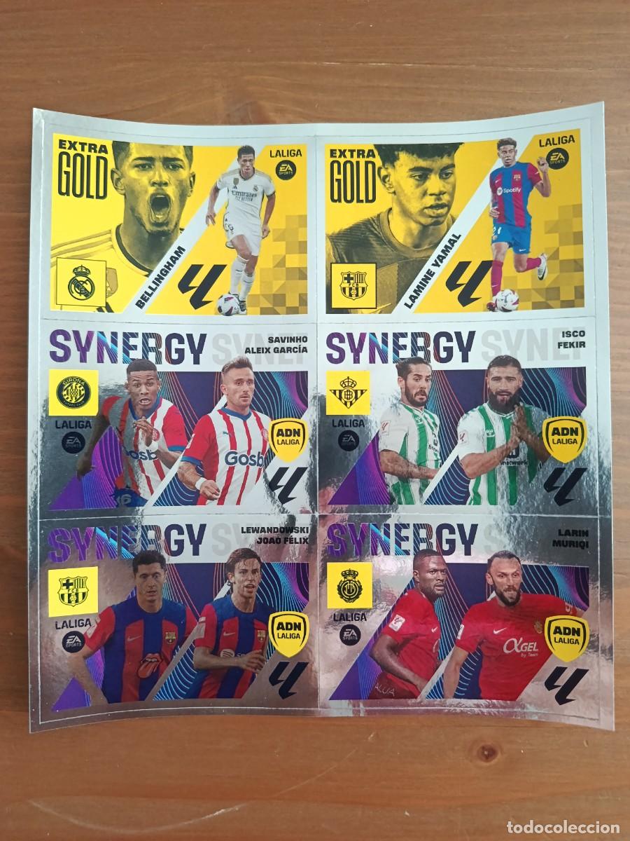 Cromos de f&uacute;tbol: LIGA ESTE 2023-24 PANINI. #LAMINA PLATEADA 6 CROMOS: 2 EXTRA GOLD (YAMAL + BELLINGHAM) + 4 SYNERGY