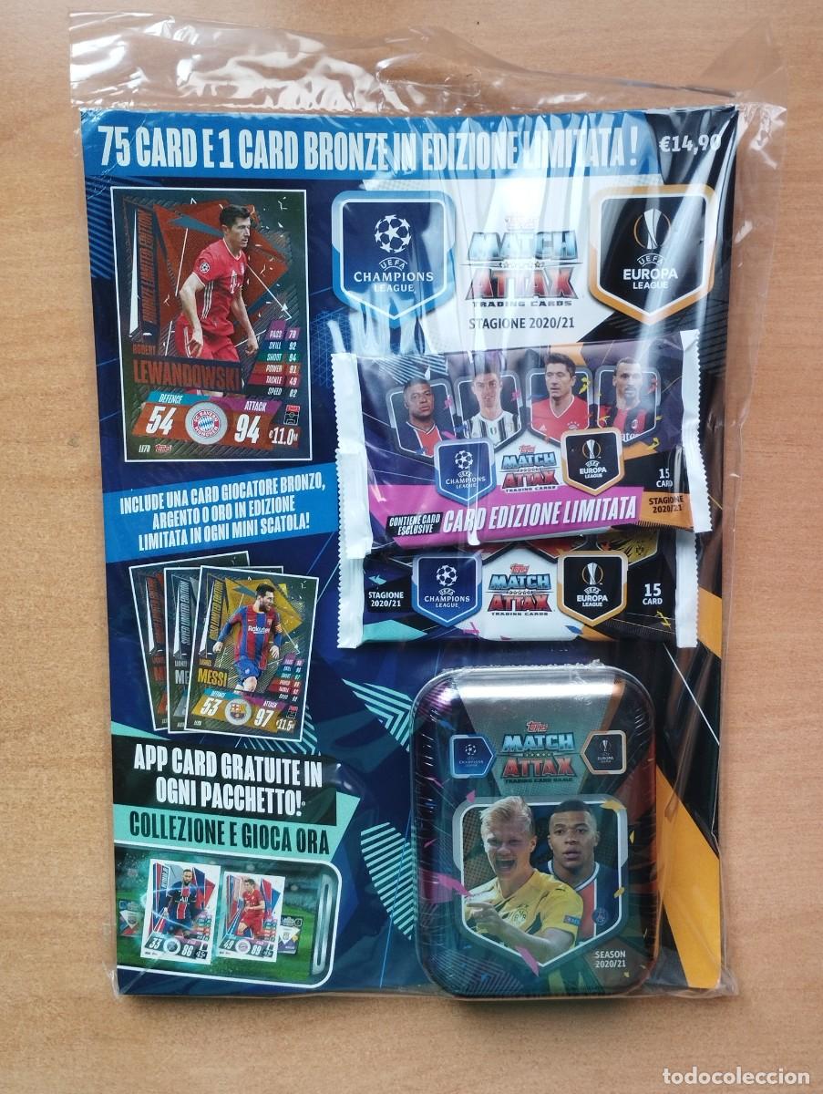 Cromos de f&uacute;tbol: PACK LATA TOPPS MATCH ATTAX 2020 2021 20 21 + 2 SOBRES SIN ABRIR MESSI ORO PLATA O BRONCE