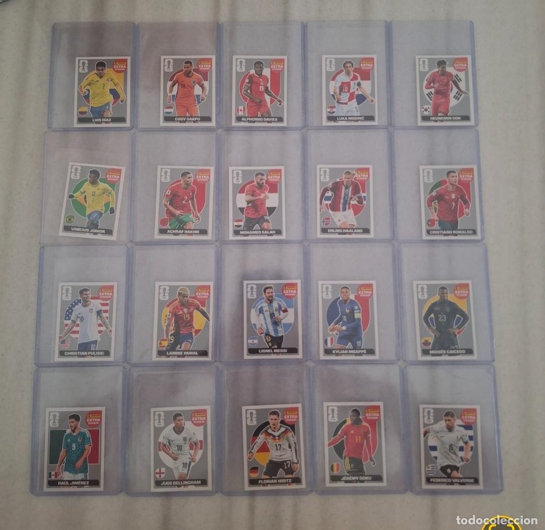 Cromos de f&uacute;tbol: LOTE 20 EXTRA STICKER PLATA MUNDIAL EEUU PANINI (LAMINE, MESSI, CR7, MBAPP&Eacute;...). LOTE COMPLETO.