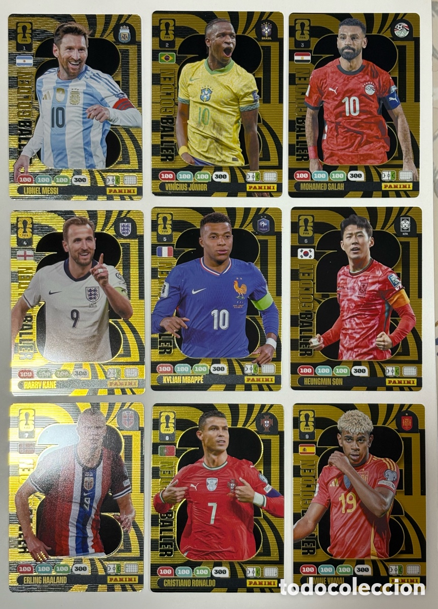 Cromos de f&uacute;tbol: Pack 9 Panini Copa Mundial Fifa Golden Baller Messi Cristiano Yamal 1 4 5 6 7 8