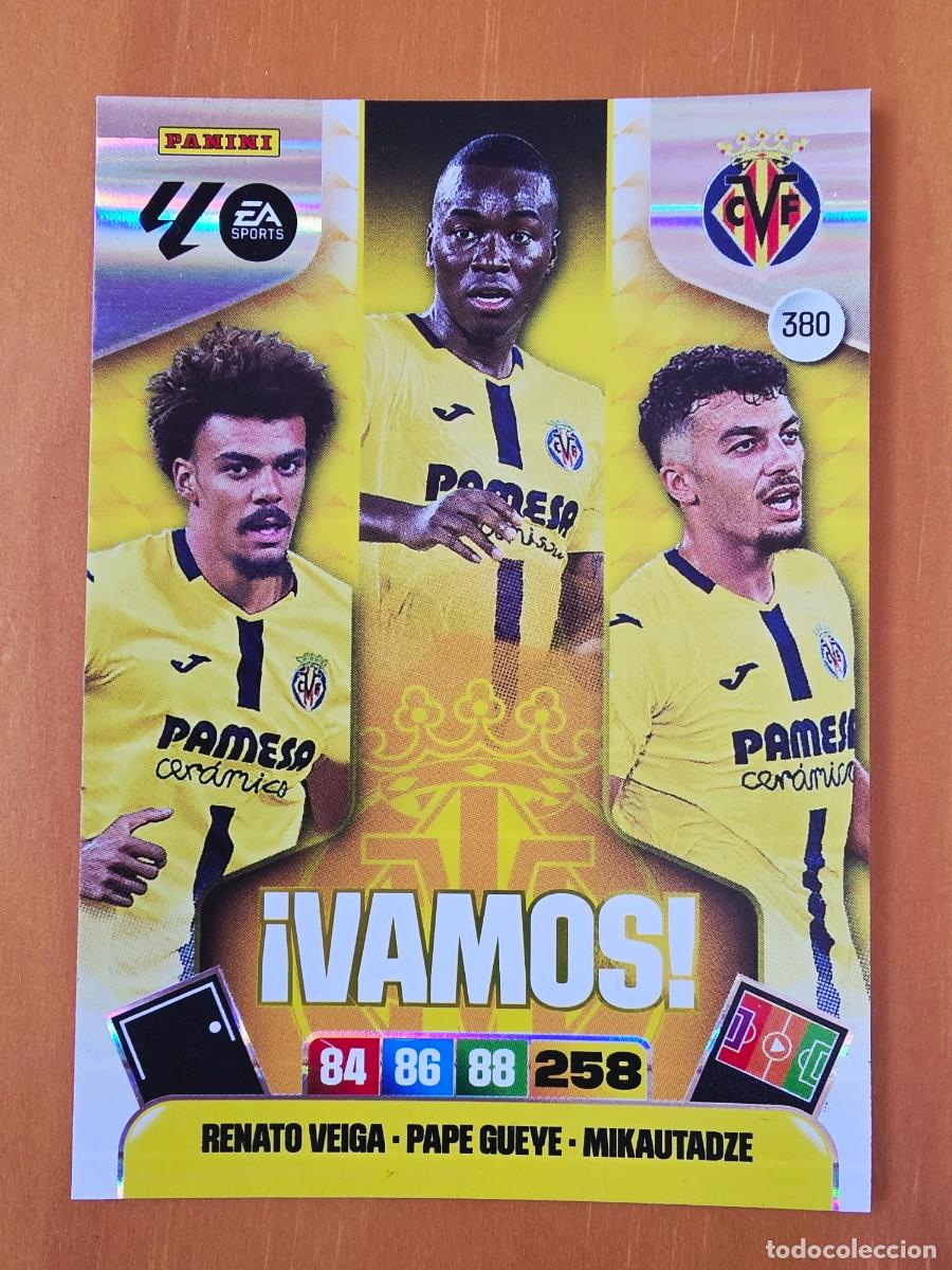 Cromos de f&uacute;tbol: 380 &iexcl;VAMOS! Renato Veiga, Mikautadze, Gueye, Villarreal CF, Panini Adrenalyn XL Liga 2025 2026 25 26