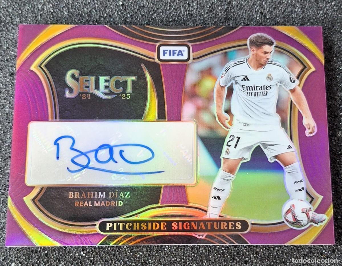 Cromos de f&uacute;tbol: Brahim Diaz Real Madrid Panini Select Soccer Pitchside Signatures Auto 26/49 Prizm
