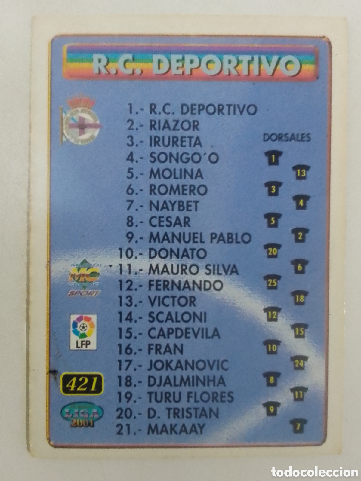 Cromos de f&uacute;tbol: Mundicromo 2001 n&deg; 421 &Iacute;ndices R.C. Deportivo / Athletic Club.