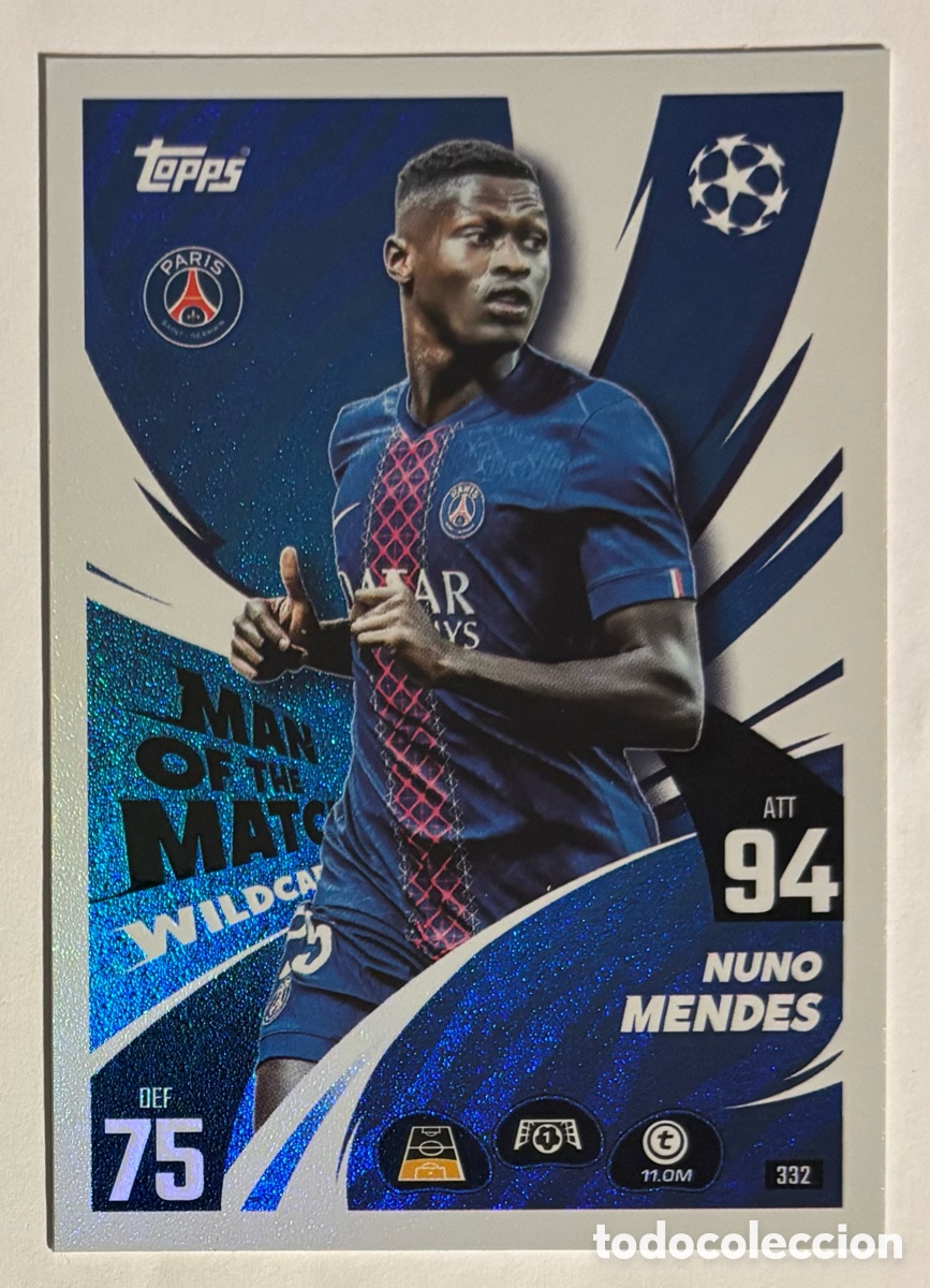 Cromos de f&uacute;tbol: NUNO MENDES (PSG). CARTA MAN OF THE MATCH WILDCARD TOPPS MATCH ATTAX 2025/26.