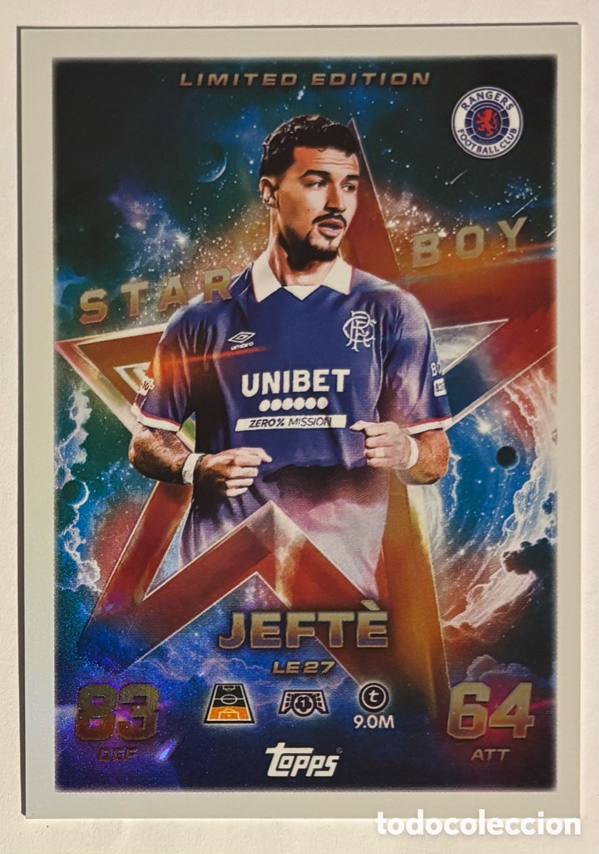 Cromos de f&uacute;tbol: JEFT&Eacute; (RANGERS FC). CARTA STAR BOY LIMITED EDITION TOPPS MATCH ATTAX 2025/26. #LE27.