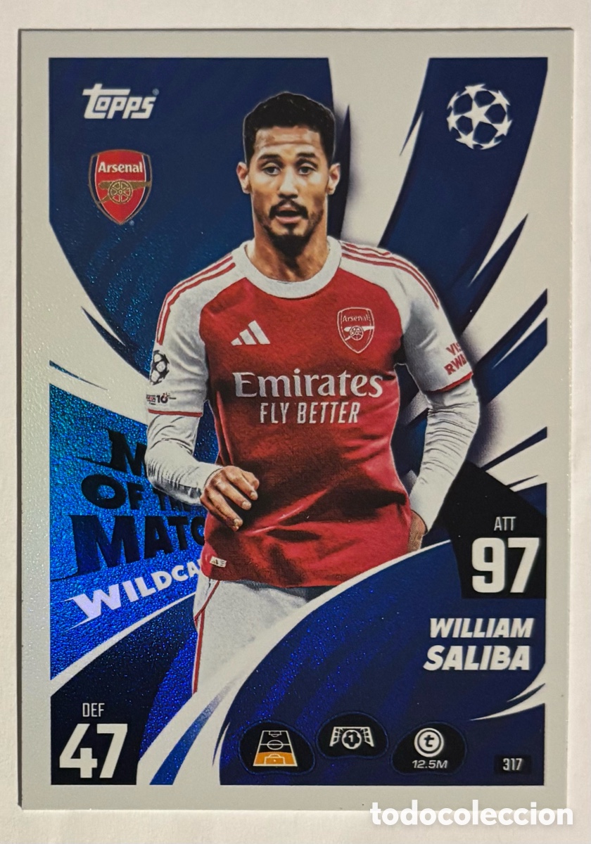 Cromos de f&uacute;tbol: WILLIAM SALIBA (ARSENAL FC). CARTA MAN OF THE MATCH WILDCARD TOPPS MATCH ATTAX 2025/26.