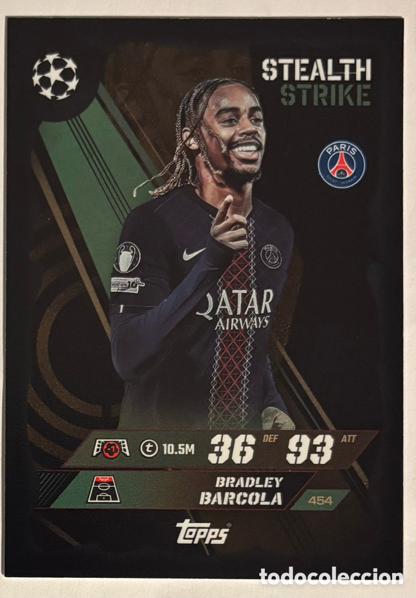 Cromos de f&uacute;tbol: BRADLEY BARCOLA (PSG). CARTA STEALTH STRIKE TOPPS MATCH ATTAX 2025/26.