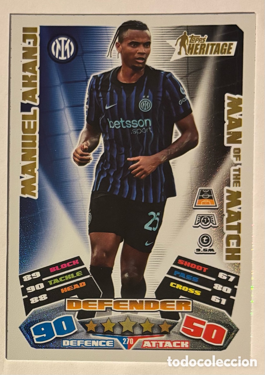 Cromos de f&uacute;tbol: MANUEL AKANJI (INTER MILAN). CARTA HERITAGE MAN OF THE MATCH TOPPS MATCH ATTAX 2025/26.