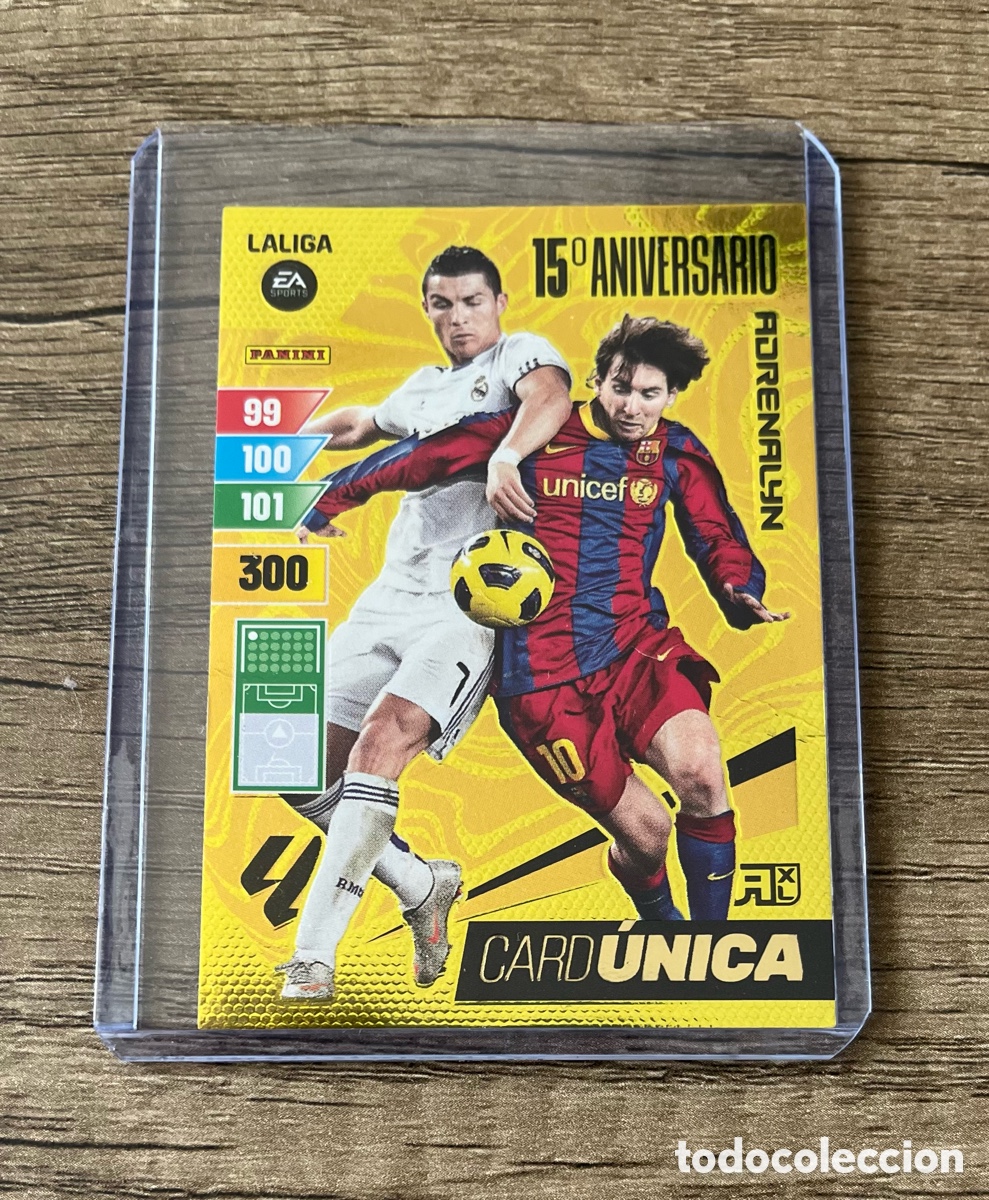 Cromos de f&uacute;tbol: CARD &Uacute;NICA MESSI CRISTIANO RONALDO REAL MADRID FC BARCELONA 15 ANIVERSARIO PANINI ADRENALYN 2023 24