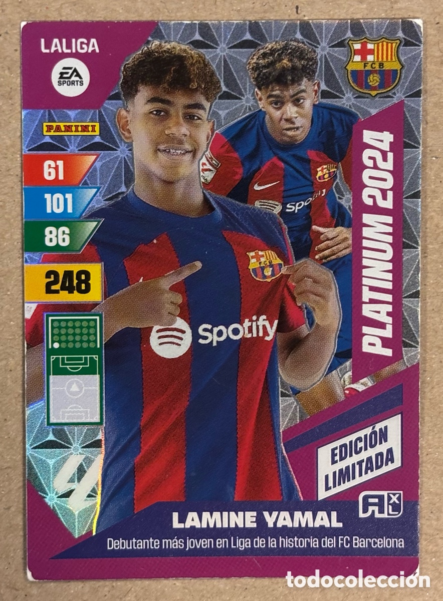 Cromos de f&uacute;tbol: LAMINE YAMAL (FC BARCELONA). CARTA PLATINUM 2024 PANINI ADRENALYN XL 2023-24.