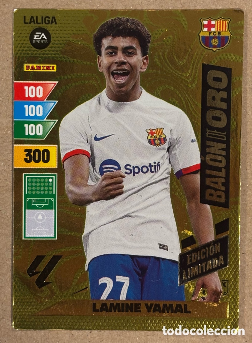 Cromos de f&uacute;tbol: LAMINE YAMAL (FC BARCELONA). CARTA BAL&Oacute;N DE ORO EDICI&Oacute;N LIMITADA PANINI ADRENALYN XL 2023-24.