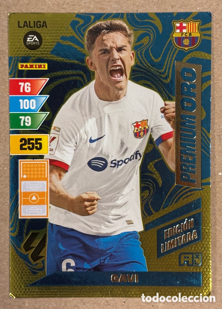 Cromos de f&uacute;tbol: GAVI (FC BARCELONA). CARTA PREMIUM ORO EDICI&Oacute;N LIMITADA PANINI ADRENALYN XL LA LIGA 2023-24.
