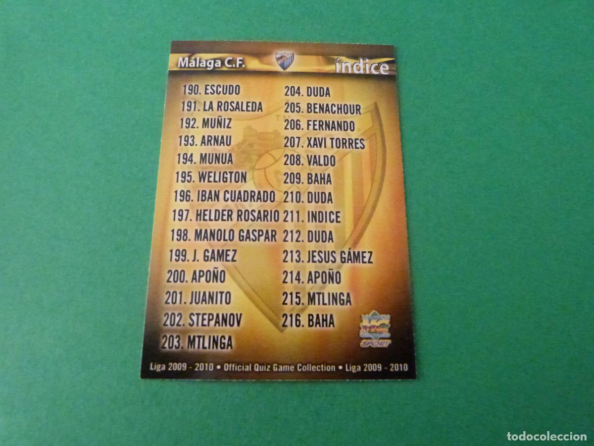Cromos de f&uacute;tbol: TRADING CARD FUTBOL INDICE MALAGA C.F. N&ordm; 211 FICHAS LIGA MUNDICROMO 2009-2010/09-10