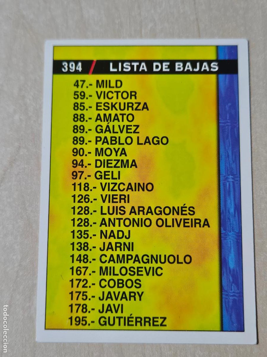 Cromos de f&uacute;tbol: N&ordm; 394 LISTA DE BAJAS - MUNDICROMO - FICHAS DE LA LIGA 98 99 -