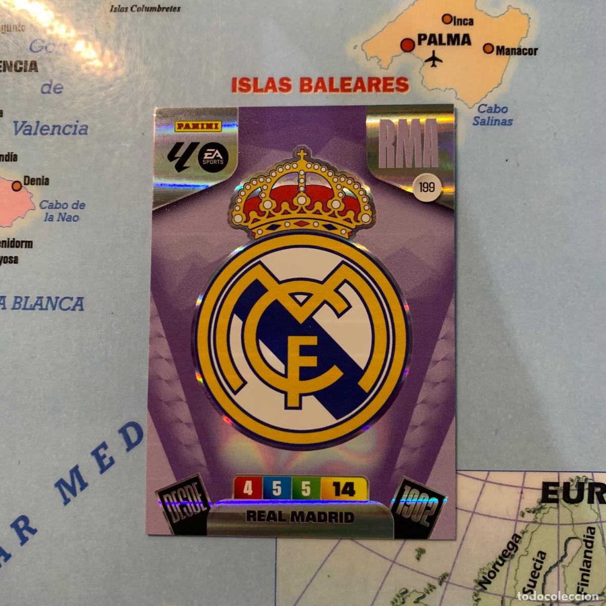 Cromos de f&uacute;tbol: Escudo del Real Madrid n&uacute;mero 199 cromo adrenalyn XL 25-26 2025-2026