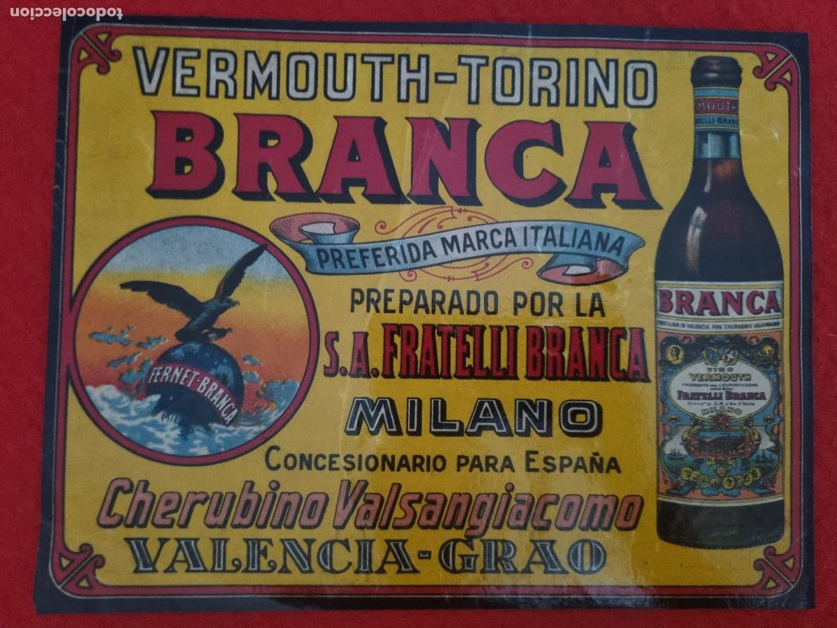 Fu&szlig;ball-Sticker: CARTEL PUBLICIDAD LICOR VERMOUTH BRANCA TORINO ITALIA VALENCIA GRAO PAPEL FINO ORIGINAL 2&ordm;