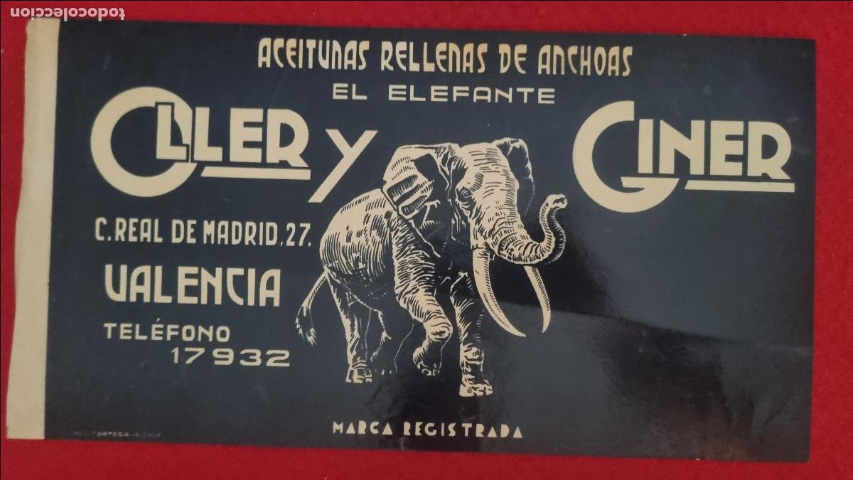 Fu&szlig;ball-Sticker: CARTEL PUBLICIDAD ACEITUNAS RELLENAS ANCHOA ELEFANTE OLLER Y GINER VALENCIA PAPEL FINO ORIGINAL 2&ordm;