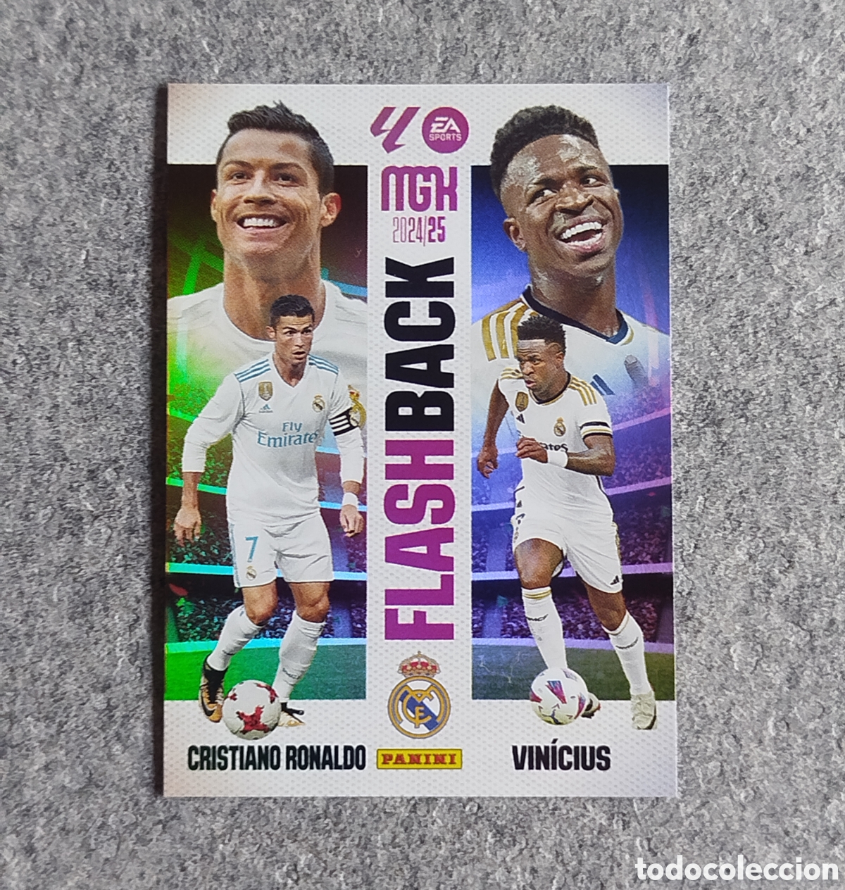 Cromos de f&uacute;tbol: CRISTIANO RONALDO VINICIUS VINI FLASHBACK MEGACRACKS 2024 CARD MGK PANINI 24 25 REAL MADRID CROMO