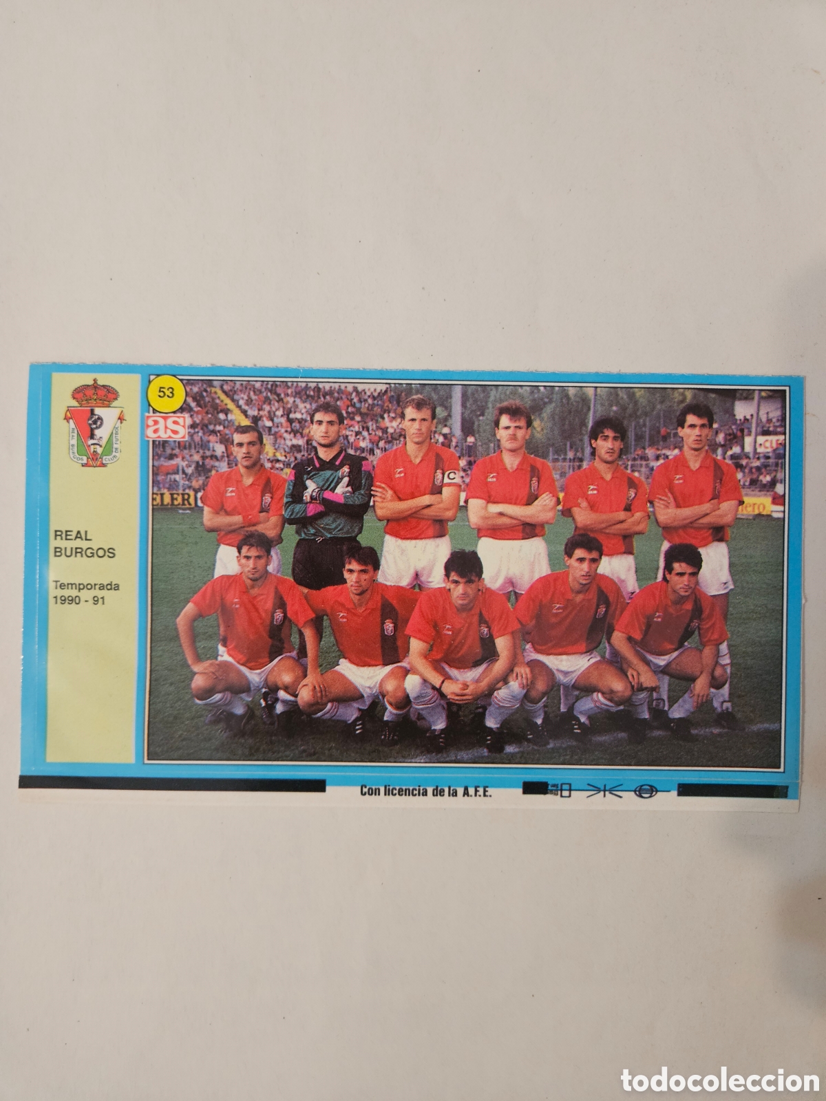 Fu&szlig;ball-Sticker: CROMO ALINEACION, AS N&ordm; 53, REAL BURGOS C.F. TEMP. 90-91, PEGATINA, COLECCION AS
