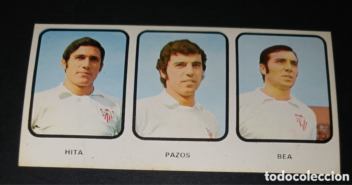 Cromos de f&uacute;tbol: Cromo triple Hita - Pazos - Bea (Sevilla CF) Campeonatos Nacionales de F&uacute;tbol 1973-1974 sin pegar