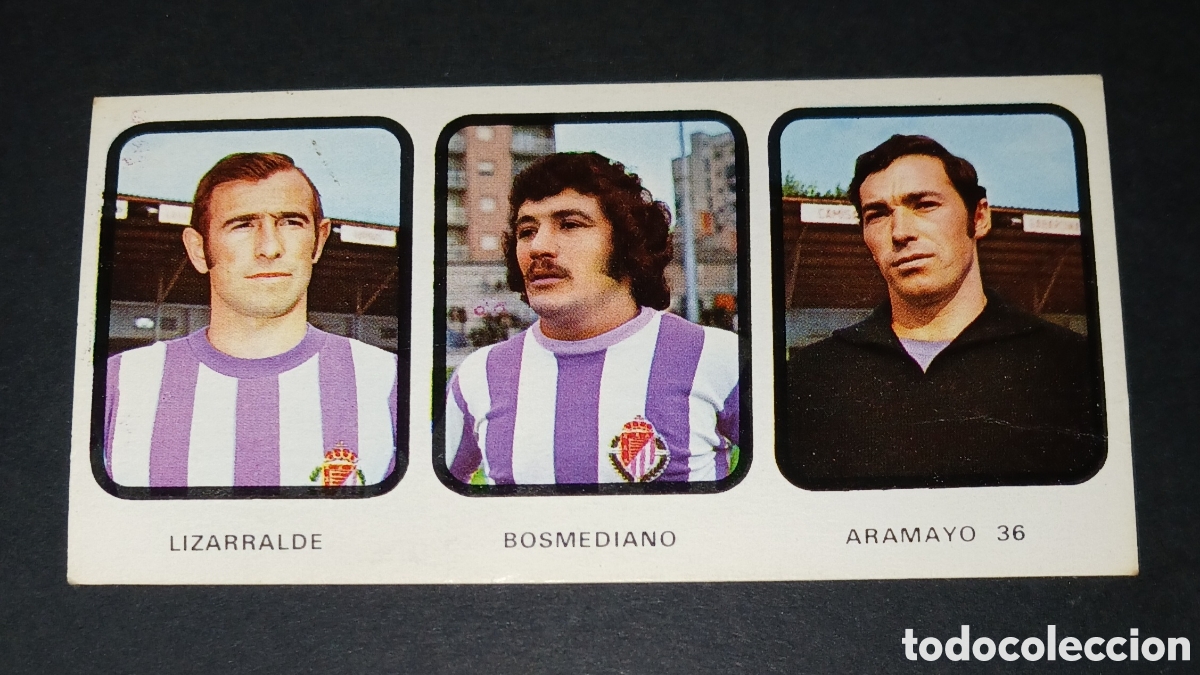 Fu&szlig;ball-Sticker: Cromo N&ordm; 36 triple Lizarralde - Bosmediano - Aramayo, Valladolid Ruiz Romero 1973-1974 sin pegar
