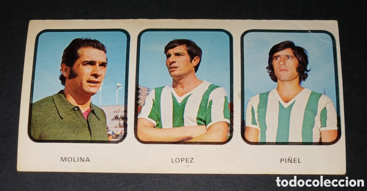 Cromos de f&uacute;tbol: Cromo N&ordm; 69 triple Molina - L&oacute;pez - Pi&ntilde;el (C&oacute;rdoba CF) Ruiz Romero 1973-1974 sin pegar nunca pegado