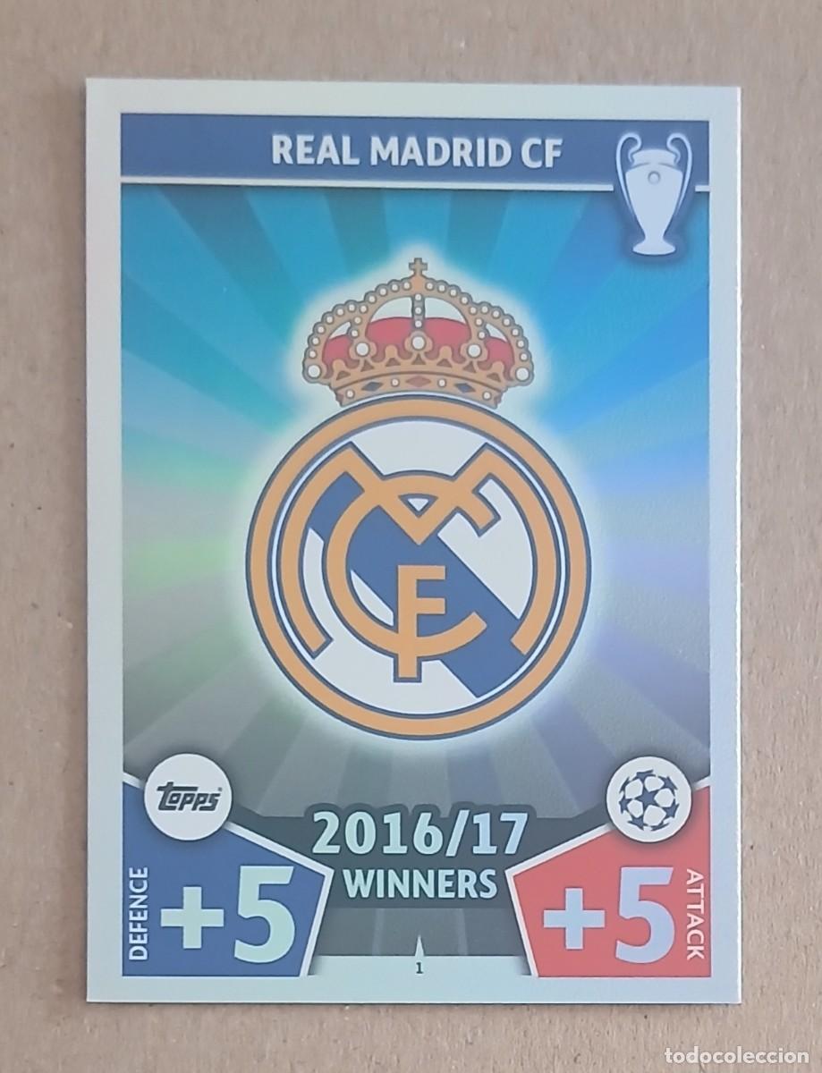 Football Stickers: CROMO n&ordm; 1 ESCUDO REAL MADRID TOPPS MATCH ATTAX CHAMPIONS LEAGUE 2017-2018. Nuevo.