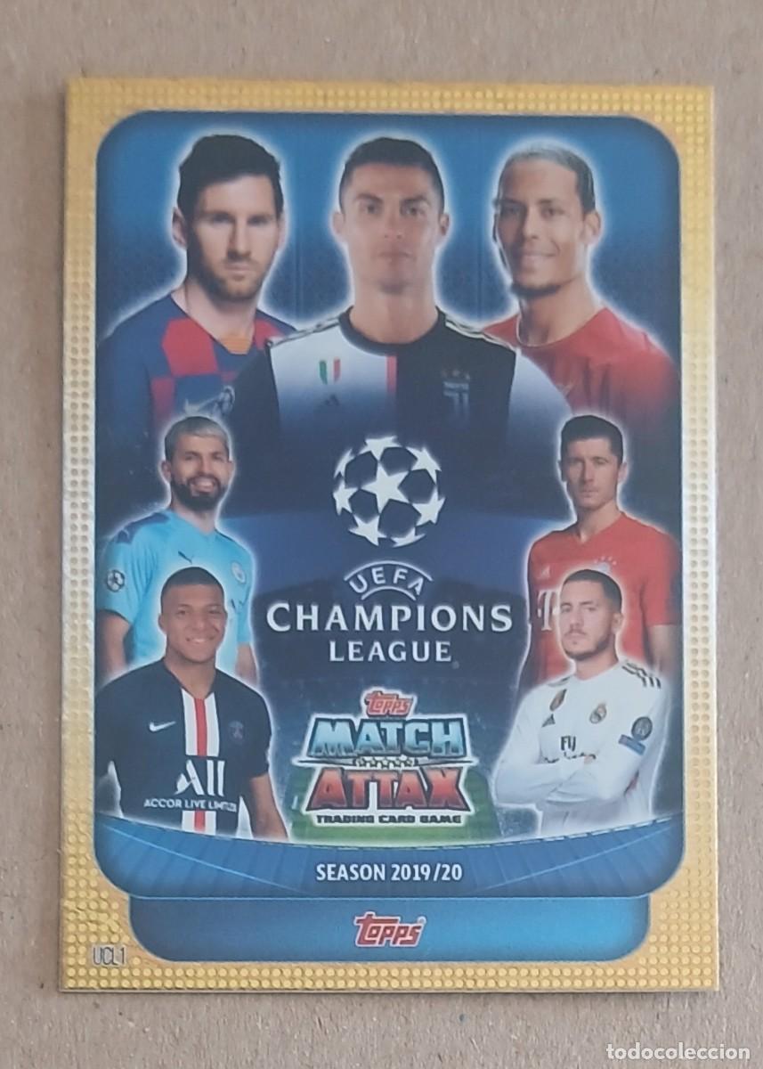 Cromos de f&uacute;tbol: CROMO UCL 1 LOGO MESSI Y CRISTIANO TOPPS MATCH ATTAX CHAMPIONS 2019-2020. Nuevo.