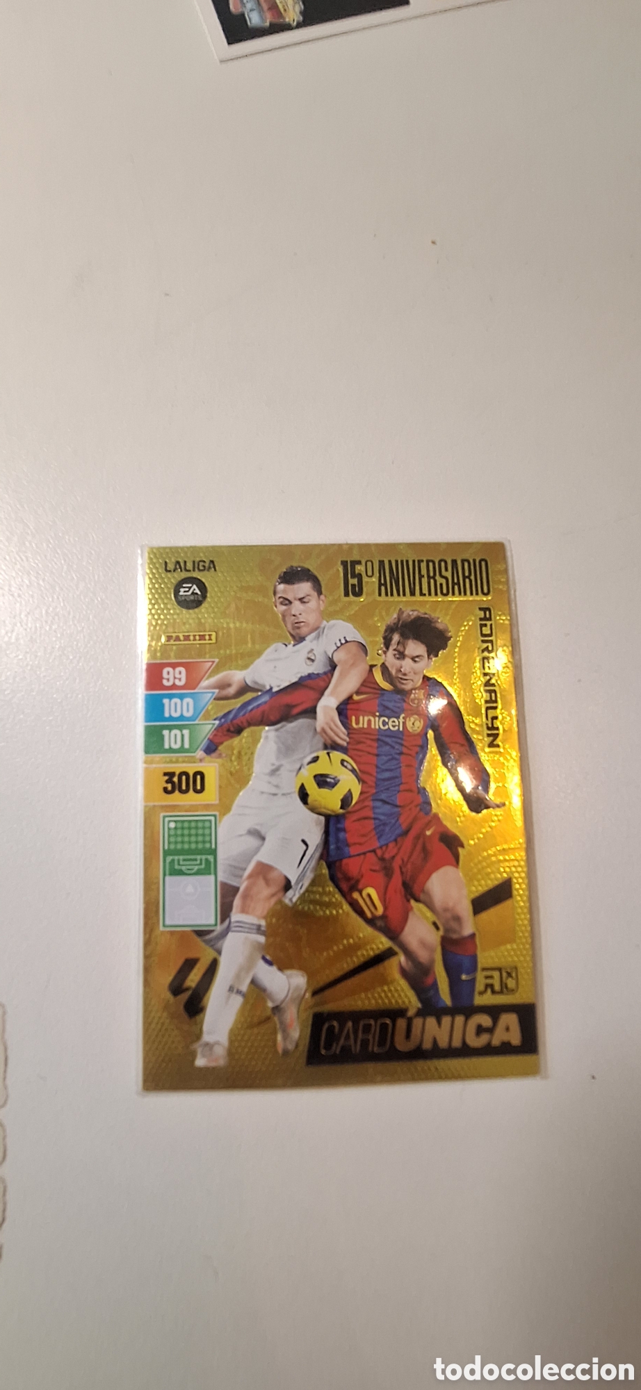 Cromos de f&uacute;tbol: Carta 15 aniversario cristiano y Messi 2023-24