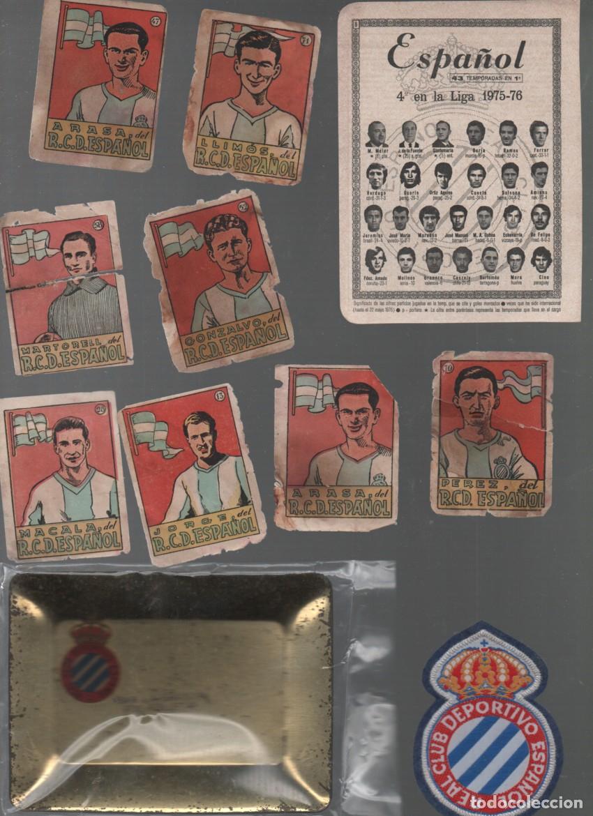 Cromos de f&uacute;tbol: FUTBOL: R.C.D. ESPA&Ntilde;OL. LOTE DE OBJETOS DEL CLUB: CENICERO, ESCUDO, CROMOS... VER DESCRIPCION.