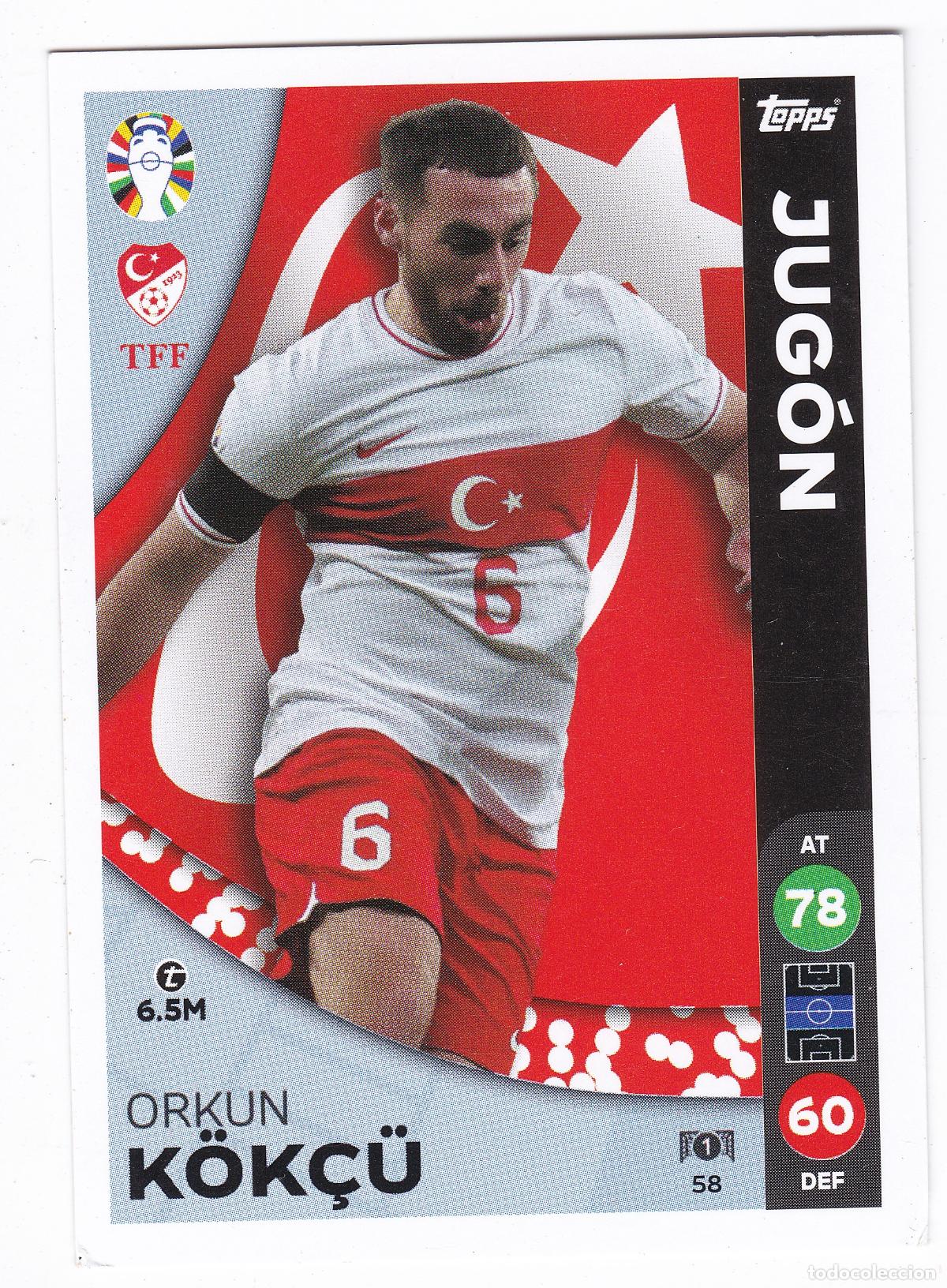 Cromos de f&uacute;tbol: Cromo Orkun K&ouml;k&ccedil;&uuml; - Jug&oacute;n - Turqu&iacute;a n&ordm; 58 - Topps Euro 2024