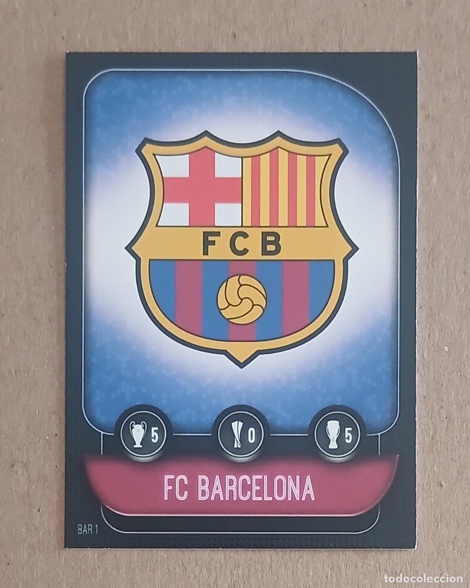 Cromos de f&uacute;tbol: CROMO BAR 1 ESCUDO BARCELONA MESSI TRASERA TOPPS MATCH ATTAX CHAMPIONS LEAGUE 2019 2020. Nuevo.