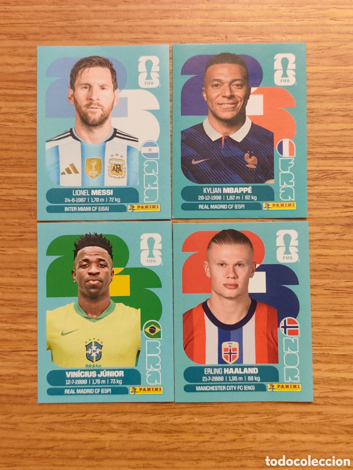 Cromos de f&uacute;tbol: Lote 4 cromos Panini Mundial 2026, Messi, Mbappe, Vinicius, Haaland