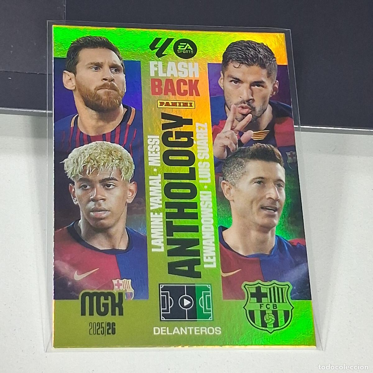 Cromos de f&uacute;tbol: B37 438 LAMINE YAMAL MESSI FLASHBACK ANTHOLOGY BARCELONA 25 26 MGK 2025 2026 MEGACRACKS