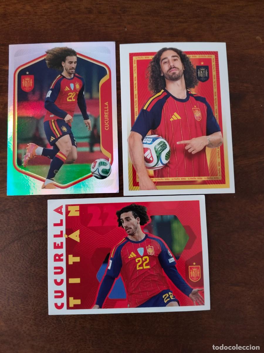 Cromos de f&uacute;tbol: 3 cromos de Cucurella. Mundial 2026. N&uacute;meros 27, 28 y 67.